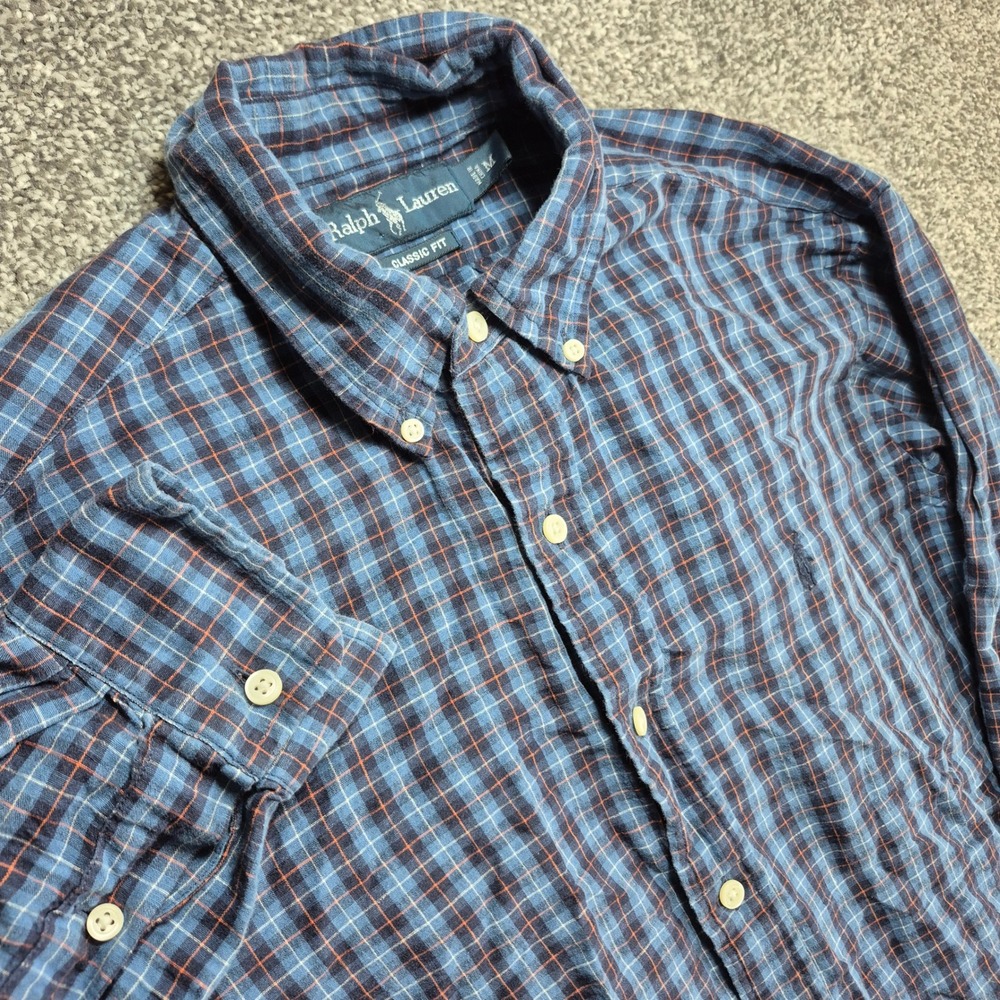 Ralph Lauren Linen Blend Shirt Mens Medium Blue Plaid Classic Fit Button Down